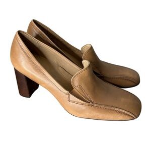 HUSH PUPPIES Tan Leather Block Heel Loafer Shoes Librarian Chunky Square Toe 8.5